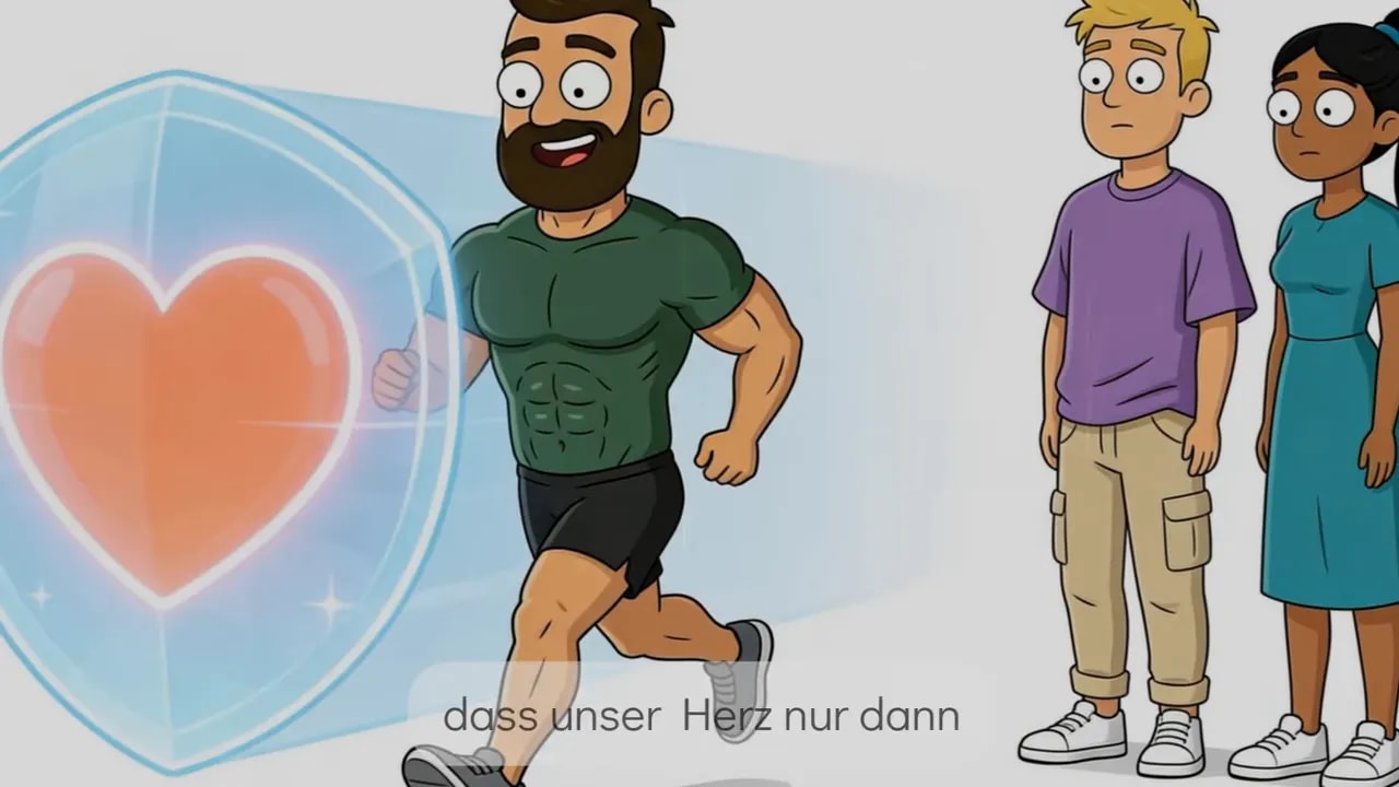 Cartoon mit muskulösem Mann beim Laufen vor einem leuchtenden Herz-Schutzschild
