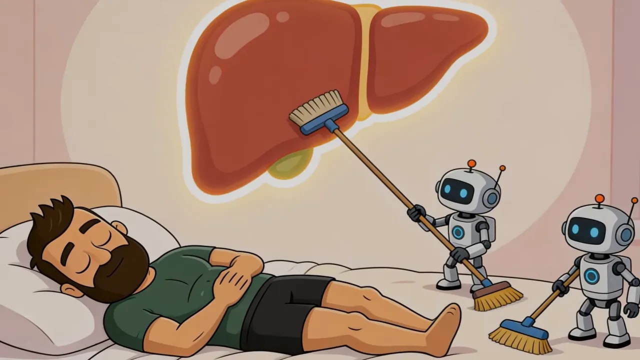 Illustration: Ein Mann liegt im Bett und wird von kleinen Robotern bei der Reinigung unterstützt – Symbol für Aufräum- und Regenerationsprozesse der Leber