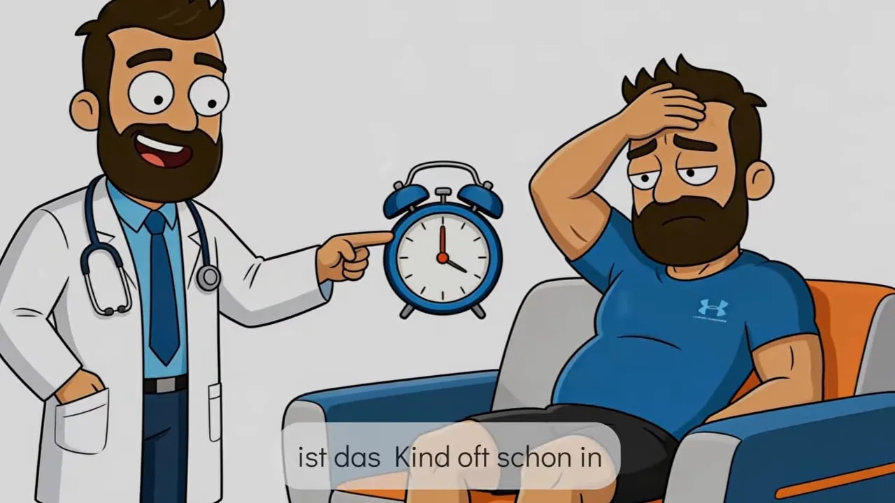 Illustration: Arzt zeigt mit Uhr einem erschöpften Patienten im Gespräch