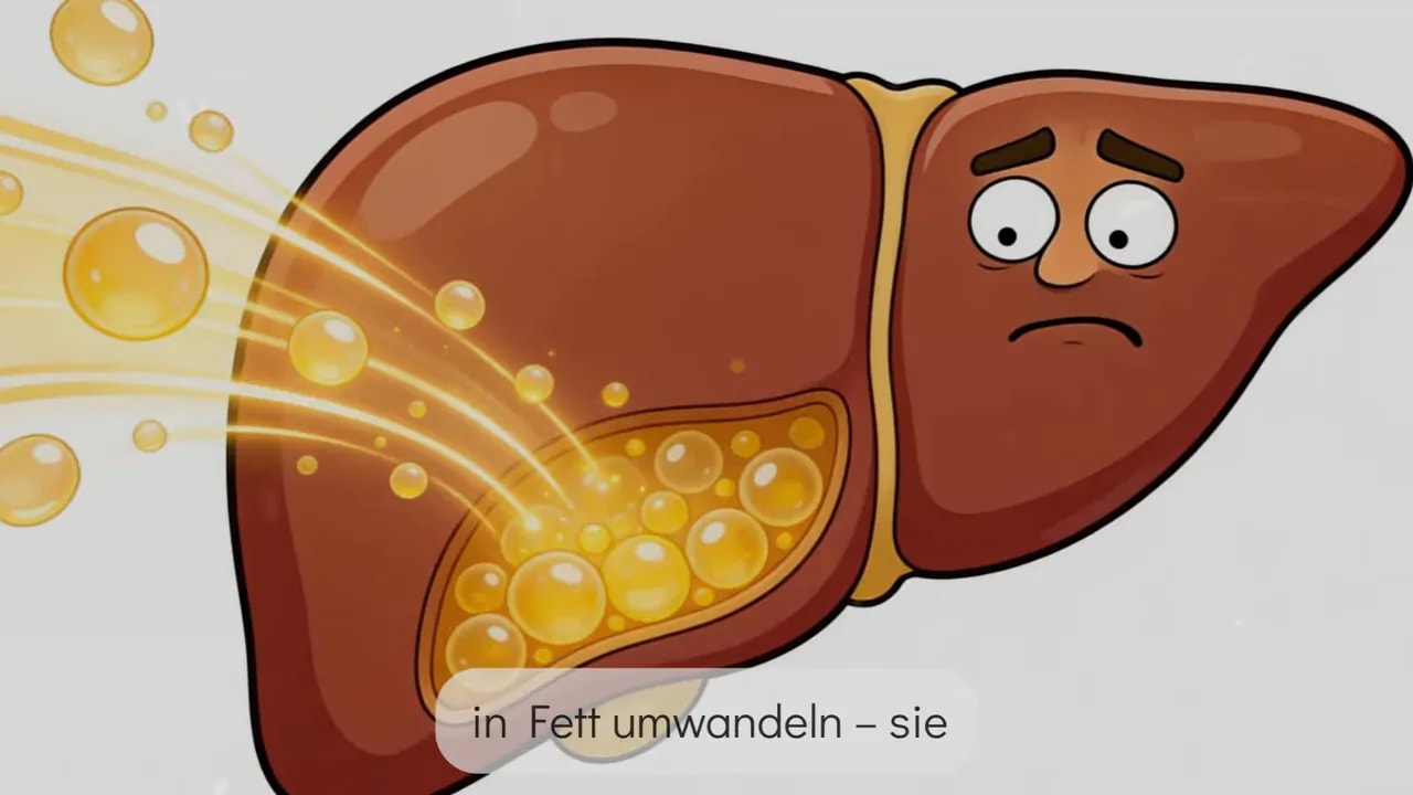Illustration einer Leber, die Überschuss in Fett umwandelt, mit gelben Partikeln