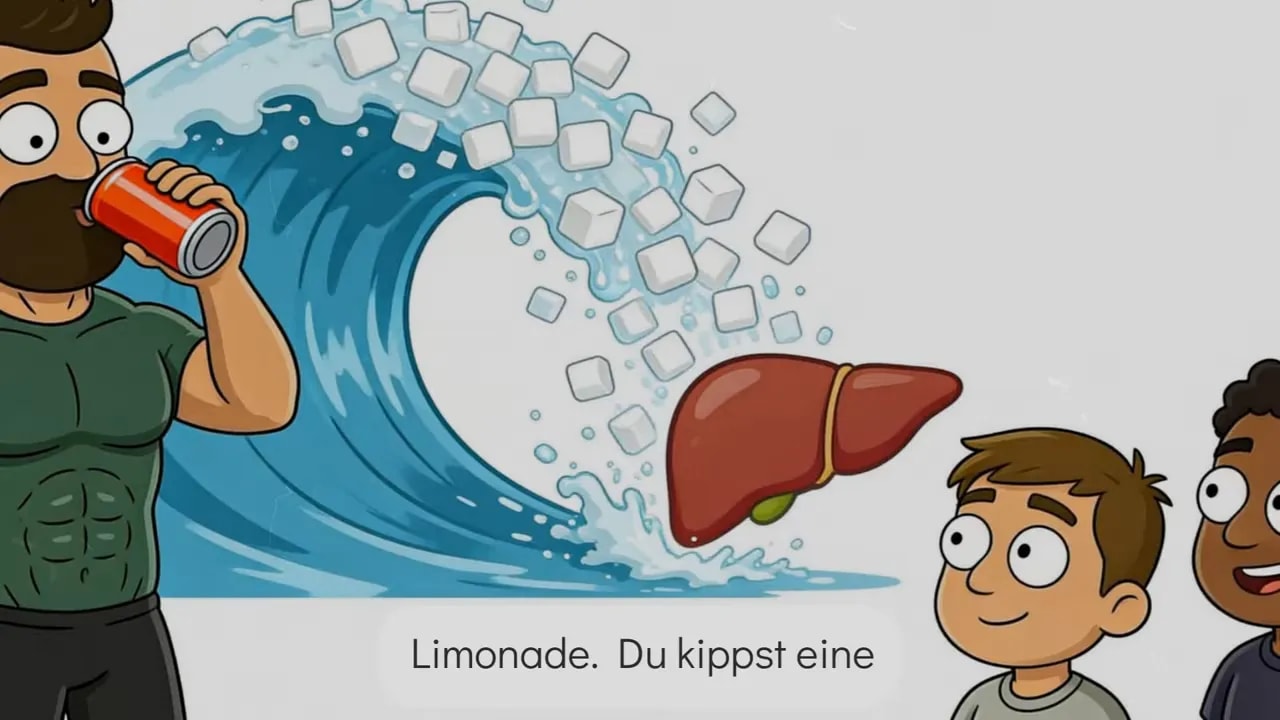 Illustration: Person schüttet Limonade mit Zuckerwürfeln und Lebersymbol als Effekt ins System