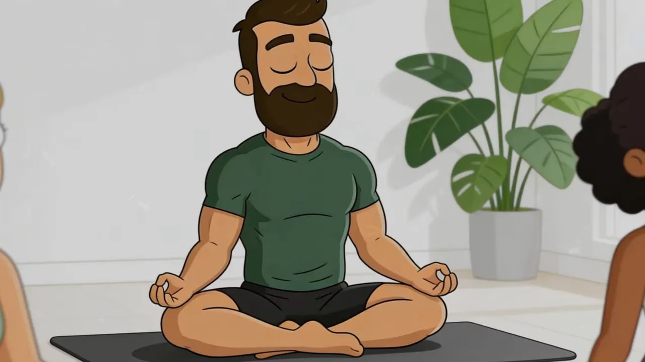 Illustration einer Person in Meditationshaltung im Wohnzimmer-Setting
