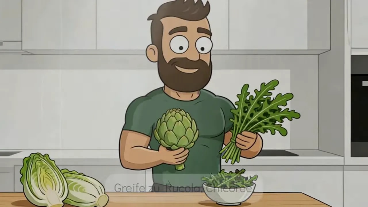 Illustration mit Bitterstoff-Lebensmitteln wie Rukula, Chicorée und Artischocke