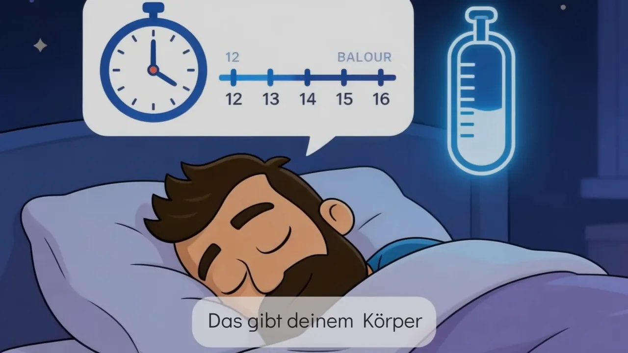 Cartoon: schlafender Mann im Bett mit Uhr und einem leuchtenden Insulin‑Symbol an der Wand