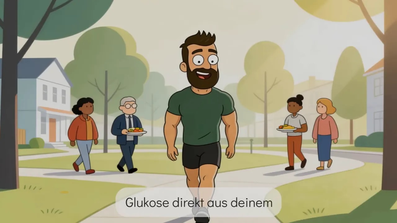Muskulöser Cartoon-Mann läuft durch den Park, im Hintergrund tragen Leute Teller – idealer Ausschnitt für 'Verdauungsspaziergang'.