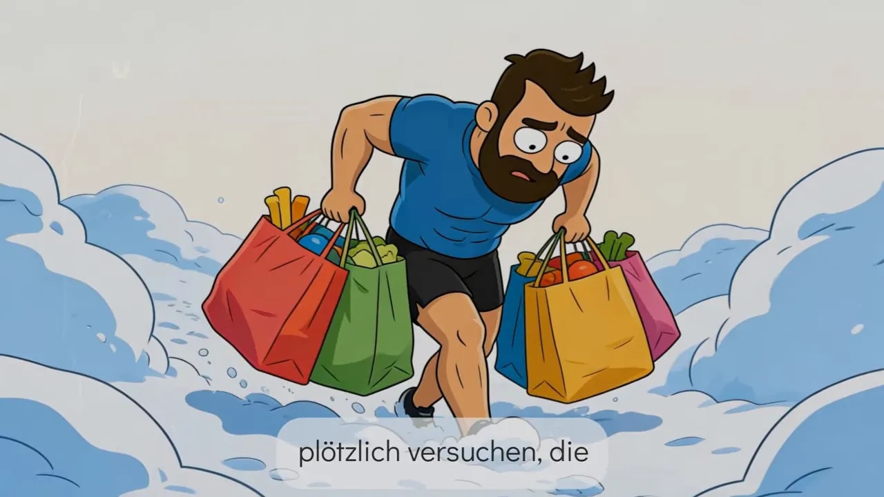 Illustration eines Mannes, der mit Einkaufstüten durch Wasserlandschaft läuft, als Symbol für Veränderungen während des Zuckerentzugs