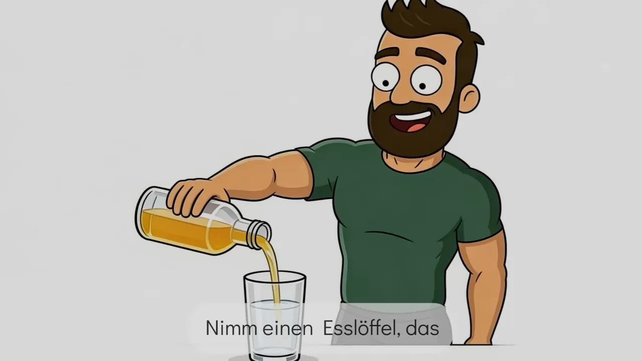 Illustration: Person gießt Apfelessig in ein Glas Wasser (1 Esslöffel etwa 250 ml)