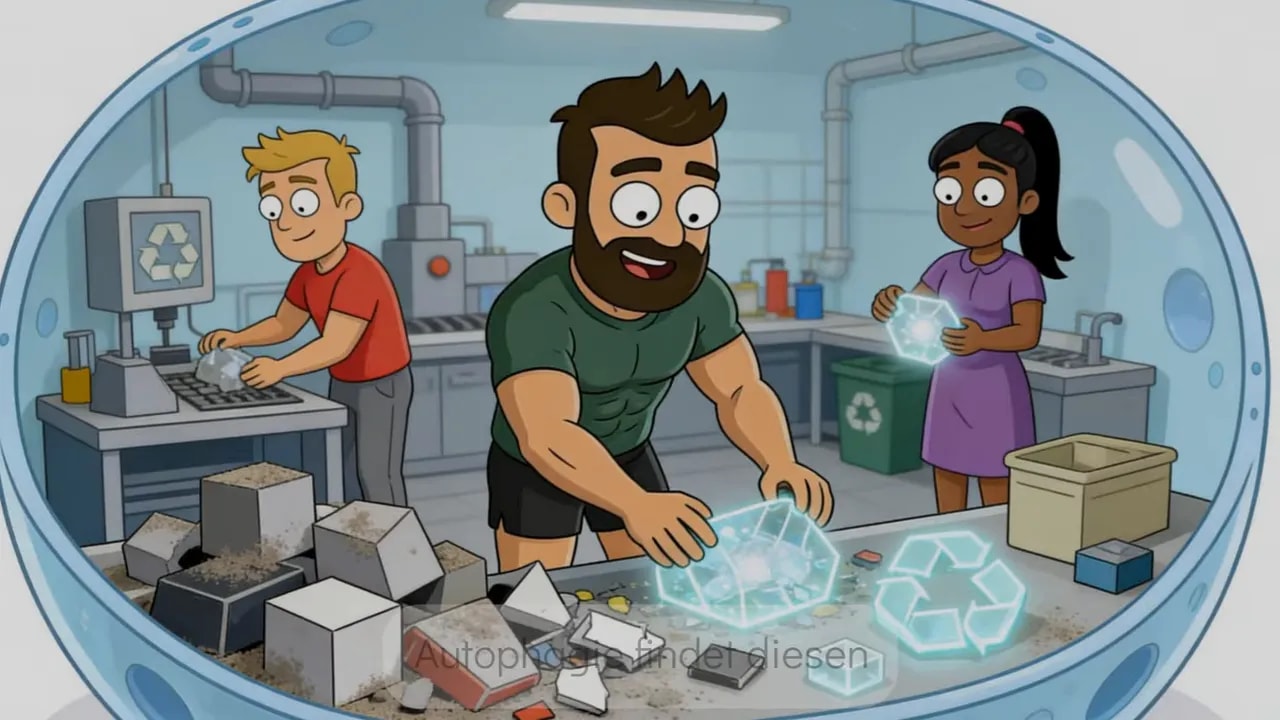 Illustration einer Recyclinganlage im Bildmotiv „Autophagie“/Zellreinigung während des Fastens