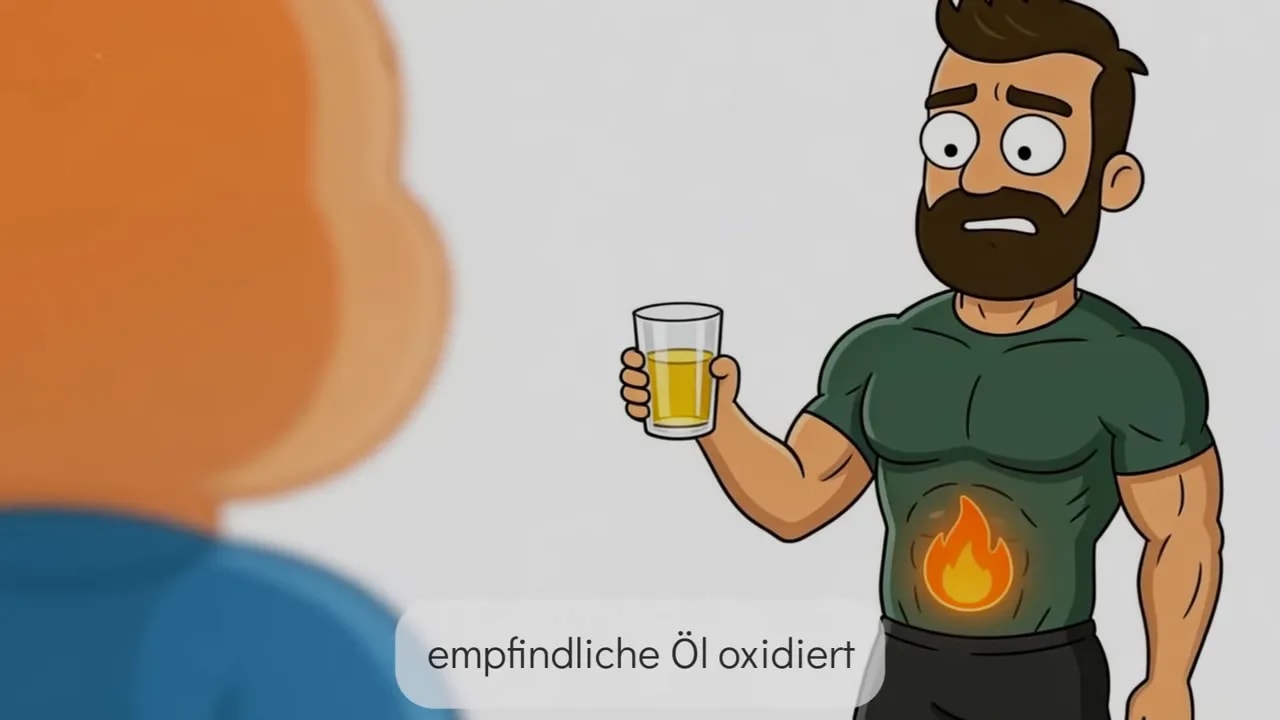 Illustration: Mann mit brennender Anzeige am Bauch, dazu Hinweis „empfindliche Öl oxidiert“