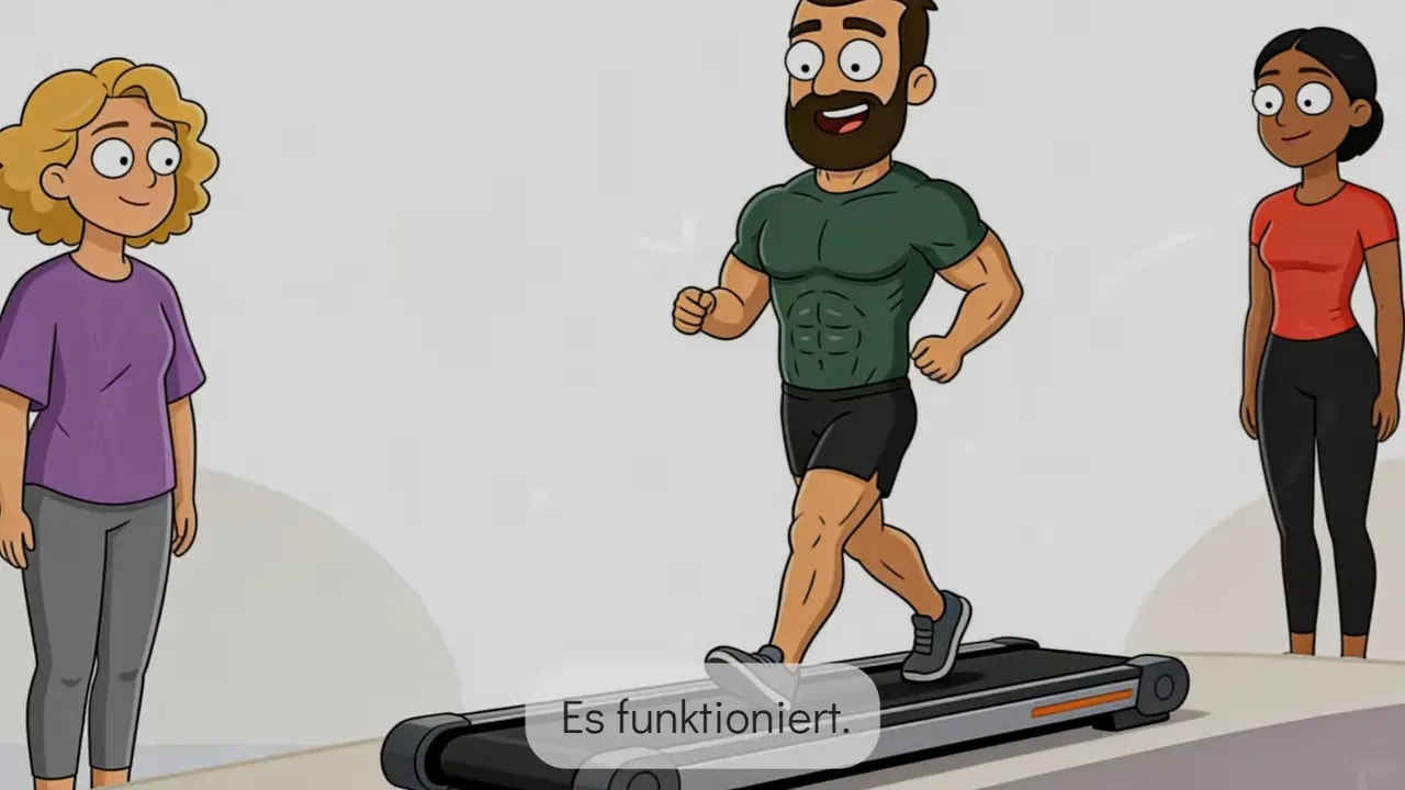 Illustration: Person läuft auf dem Laufband, mit Hinweistext „Es funktioniert“