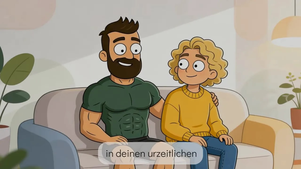 Illustration: zwei Personen sitzen entspannt zusammen auf dem Sofa, Textblende