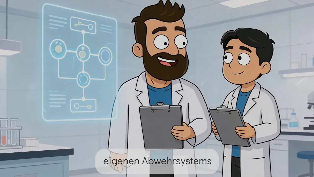 Illustration in einem Labor mit zwei Ärzten; Fokus auf den Begriff Abwehrsystem – Symbolbild für Stufe 6 beim Fasten