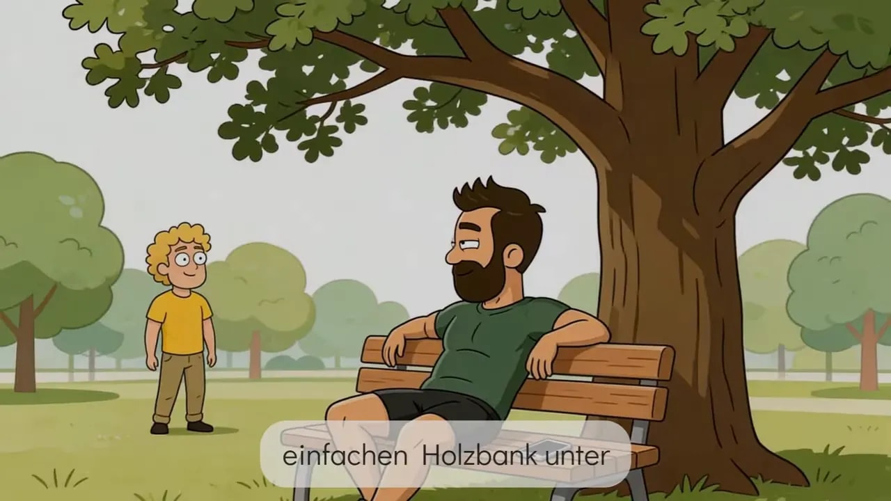 Illustration: Mann sitzt im Park unter einem Baum auf einer Bank und nimmt Naturkontakt wahr