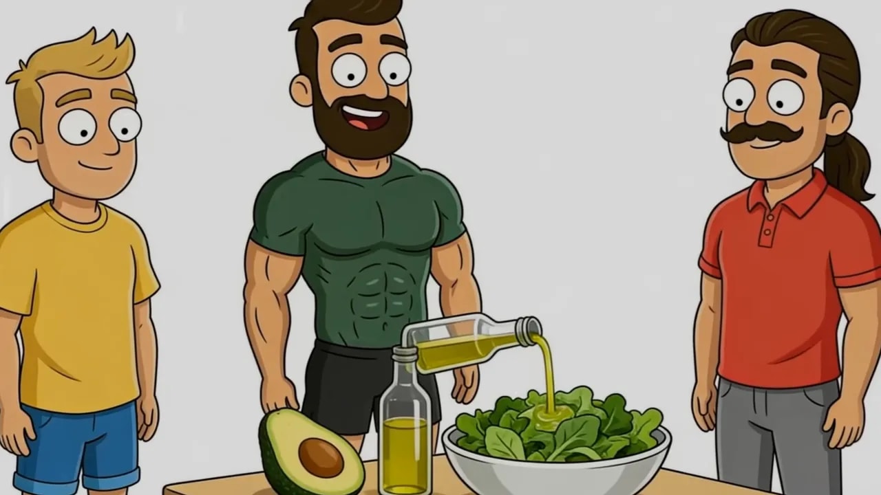 Illustration mit Olivenöl, Avocado und Gemüse als Umsetzungsbeispiel im Ernährungskonzept