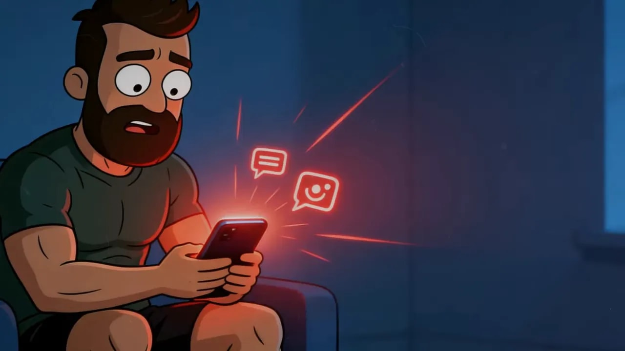 Cartoon-Mann mit Smartphone im Abendlicht, umgeben von roten Chat- und Social-Media-Icons