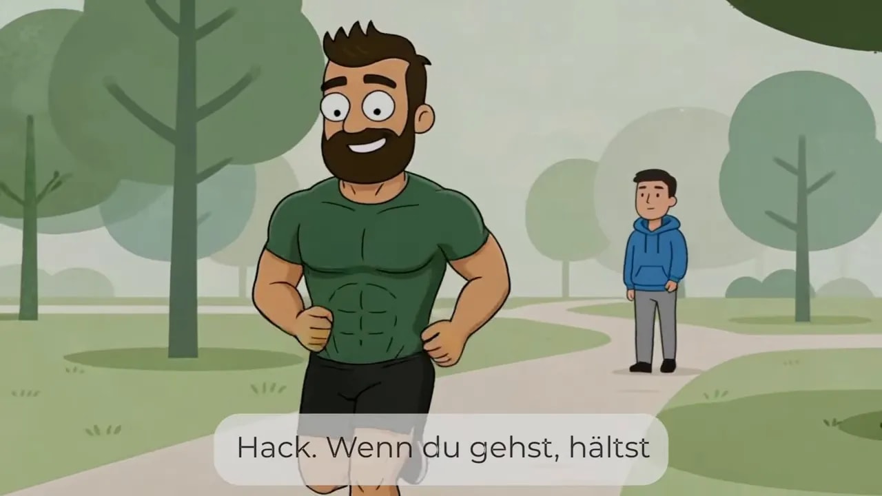 Illustration: Mann beim Gehen, im Hintergrund eine zweite Person und Text „Hack. Wenn du gehst, hältst“