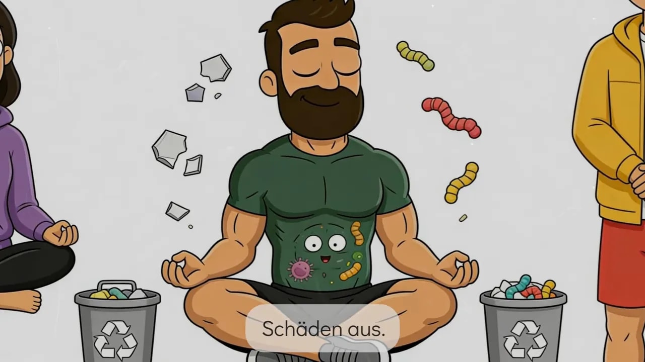 Illustration der Zellreinigung beim Fasten mit Mülltonnen und leuchtenden Bestandteilen im Körper