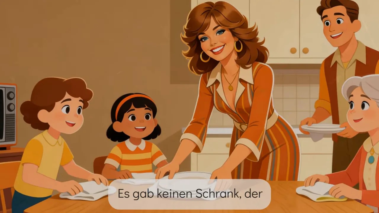Illustration: Familie sitzt beim Essen am Tisch, Schüssel und Teller auf dem Tisch