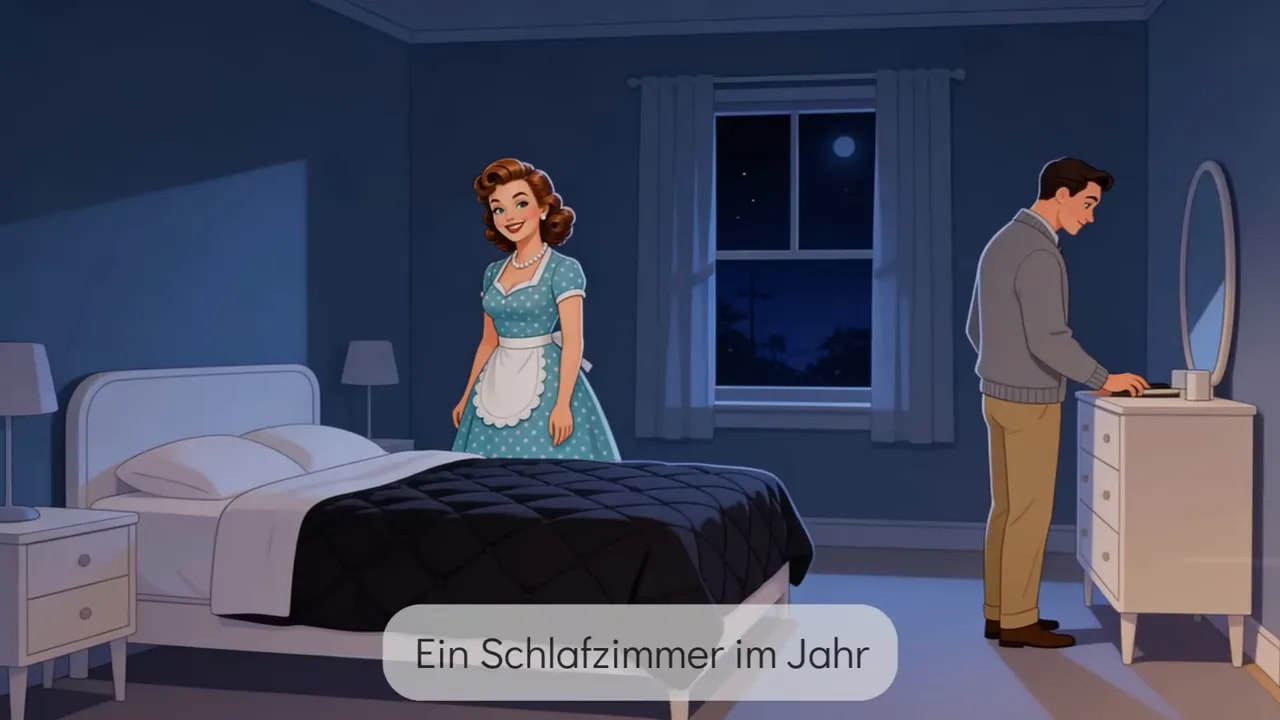 Illustration eines dunklen Schlafzimmers bei Nacht mit Paar, das nach dem Zubettgehen wirkt