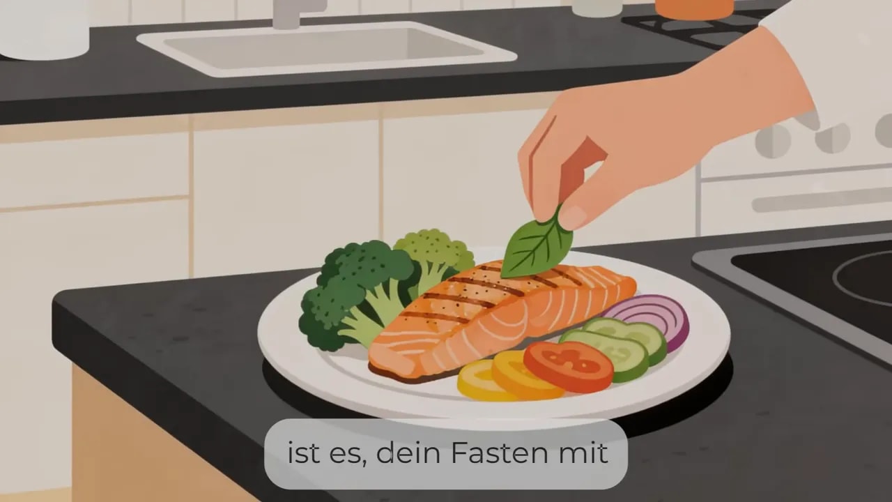 Illustration: Person legt Blatt auf Lachs-Gemüse-Teller in der Küche – Symbol für einen ruhigen Einstieg nach dem Fasten