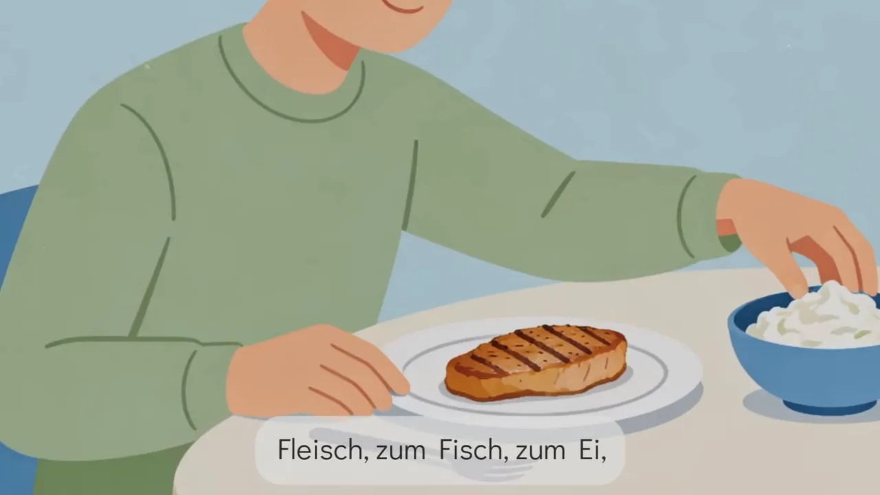 Illustration mit Texthinweis: Fleisch, Fisch oder Ei zuerst essen