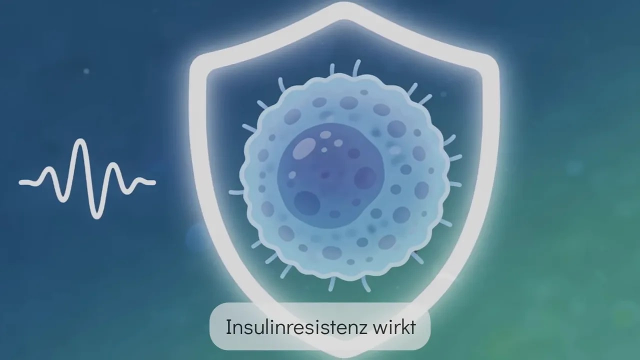 Illustration von Insulinresistenz mit Virus-/Zellen-Optik und Text im Bild