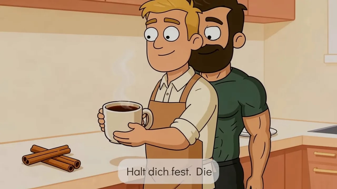 Illustration zweier Personen in der Küche mit Kaffeetasse und Zimtröllchen