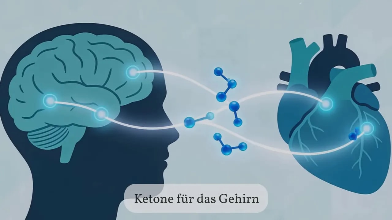 Illustration: Ketone als Energieverbindungen zwischen Gehirn, Herz und Körperzellen