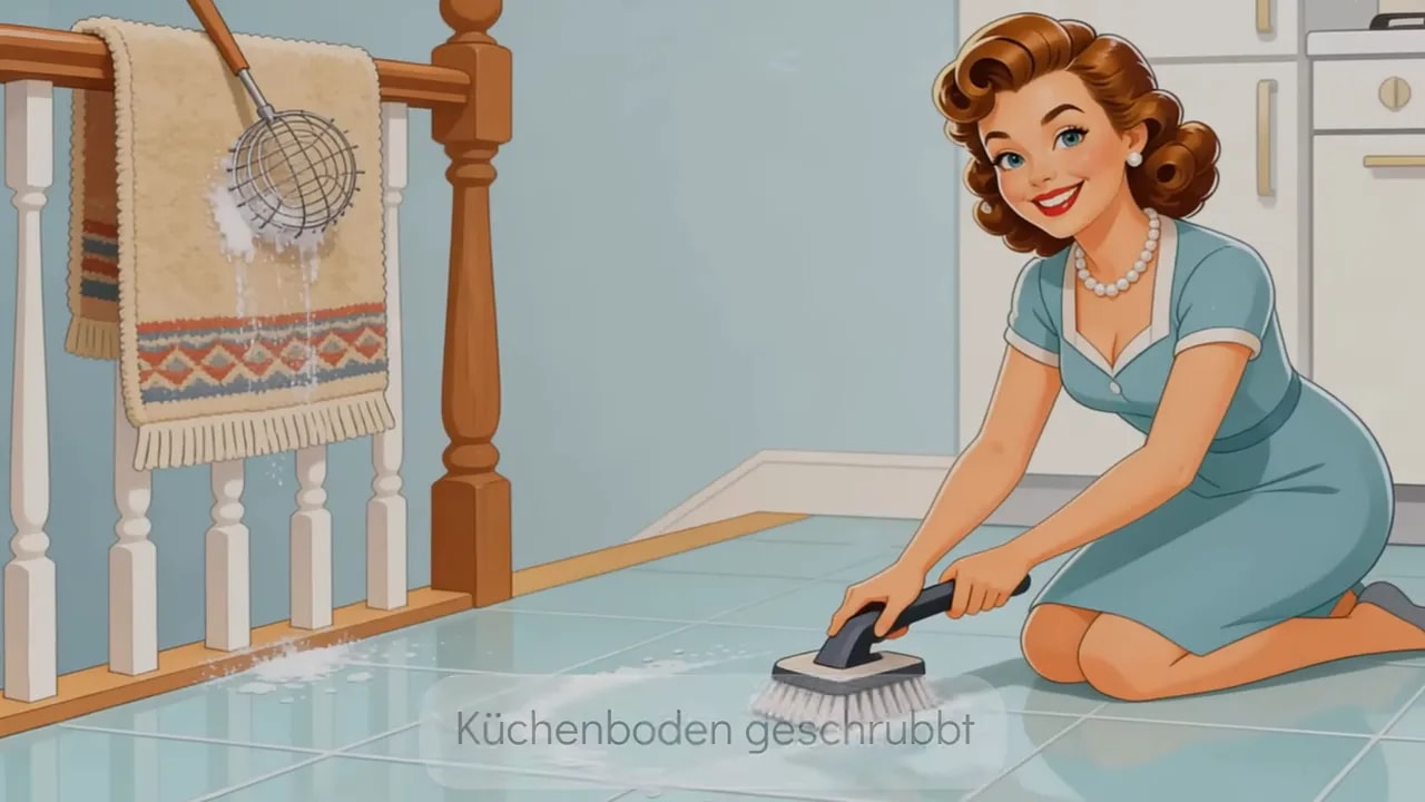 Illustration: Frau schrubbt den Küchenboden mit einem Wischgerät
