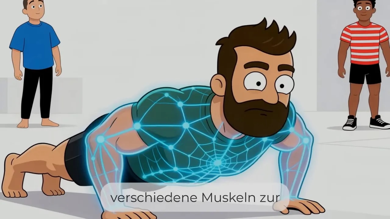 Illustration eines Mannes beim Liegestütz mit sichtbaren Aktivierungslinien in der Körpermitte