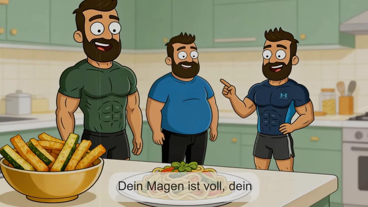Illustration: Low-Carb-Mahlzeit in der Küche mit Fokus auf Sättigung