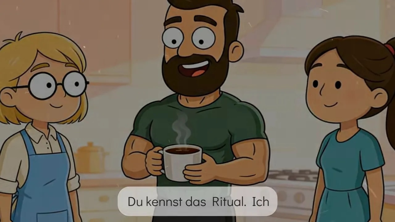 Illustration: Mann mit Kaffeetasse und zwei Personen, Gespräch im Küchensetting