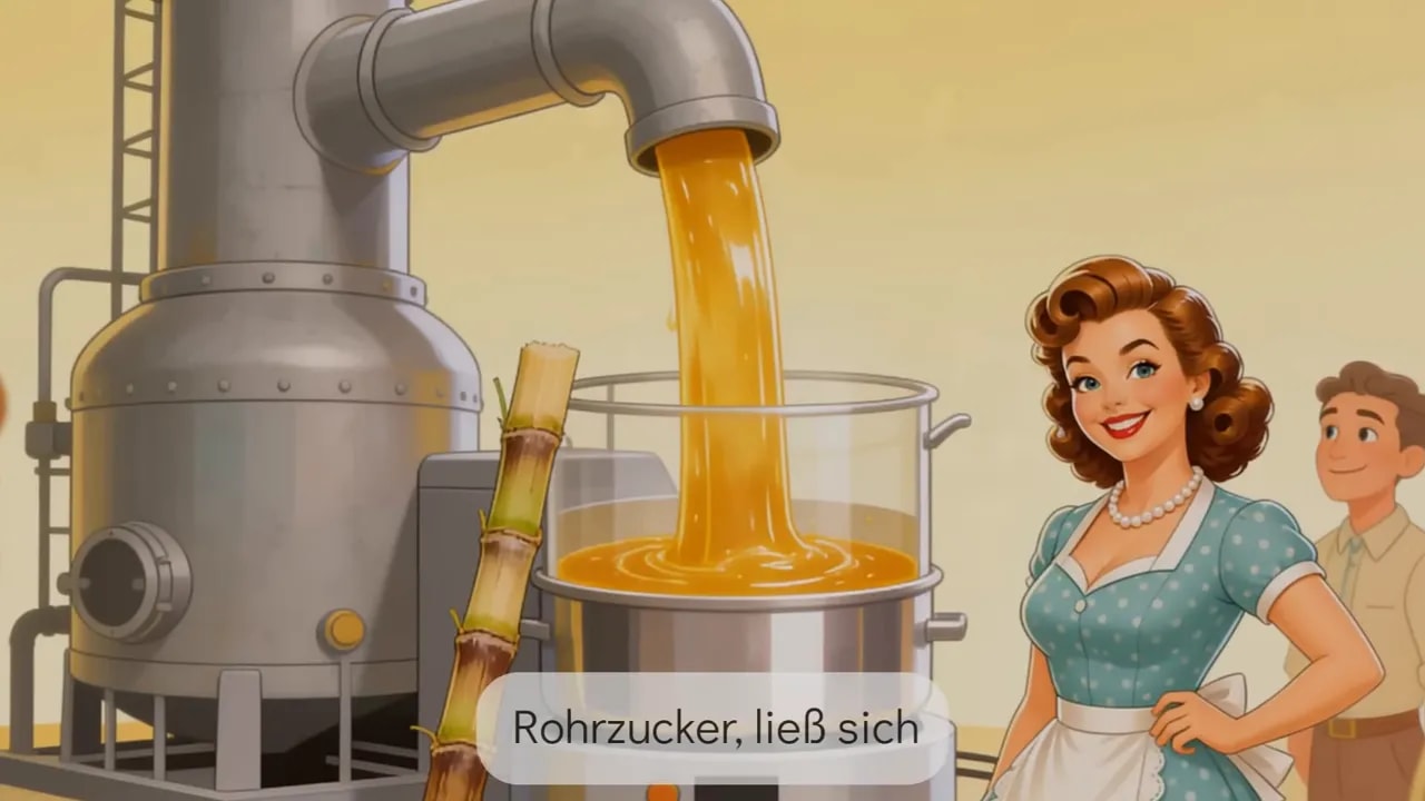 Illustration mit Rohzucker und Zuckerproduktion aus einer Anlage, 1950er-Stil