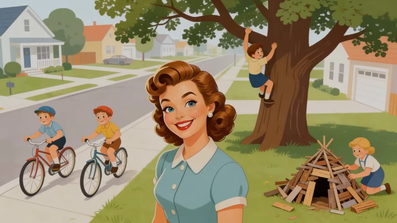 Illustration von spielenden Kindern in einer Wohnstraße mit Fahrrad und Baumspielplatz