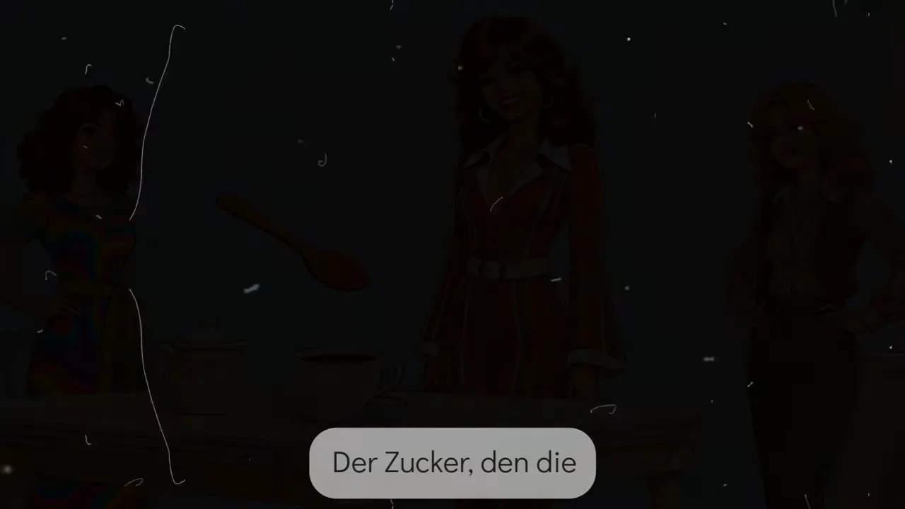 Illustration mit Text „Der Zucker, den die …“ vor einer 70er-ähnlichen Szene