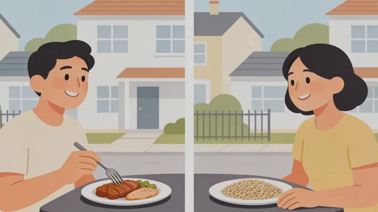 Zwei Personen essen unterschiedlich beginnende Mahlzeiten mit Protein und Kohlenhydraten