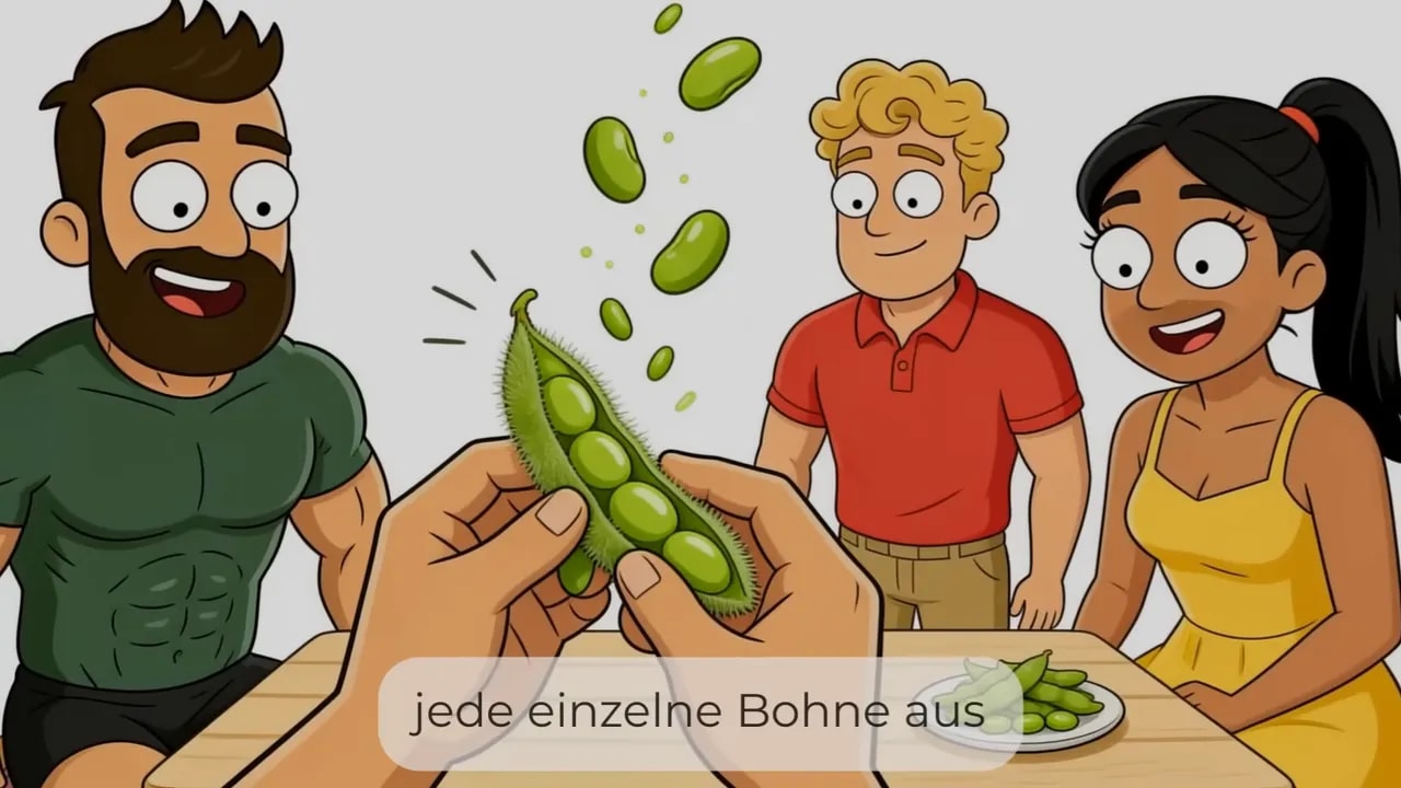 Hände drücken grüne Edamamebohnen aus einer Schote, Personen sitzen lächelnd am Tisch