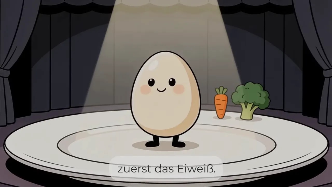 Ein Ei steht auf einem Teller unter einem Scheinwerfer, daneben sind Karotte und Brokkoli zu sehen