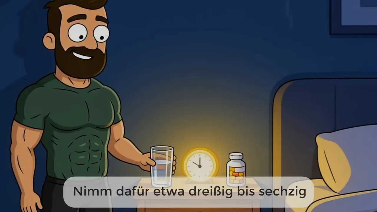 Nachttisch mit Glas Wasser, Uhr und zwei Nahrungsergänzungsdosen neben einem Bett