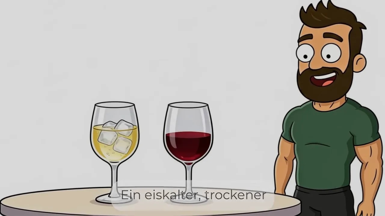 zwei Weingläser auf einem Tisch, eines mit hellem Wein und eines mit Rotwein, daneben animierte Figur