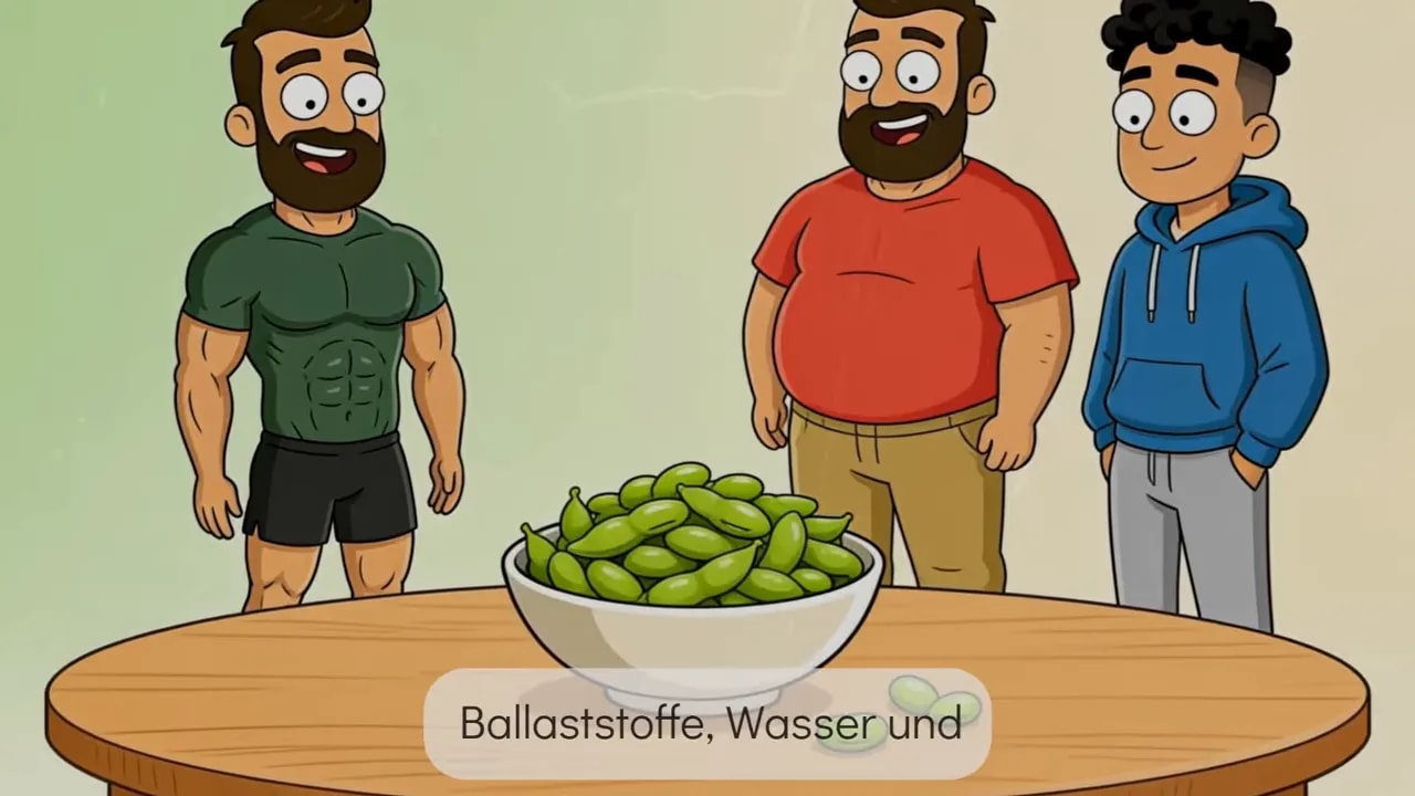 Schüssel mit Edamame auf Tisch, drei Personen stehen daneben