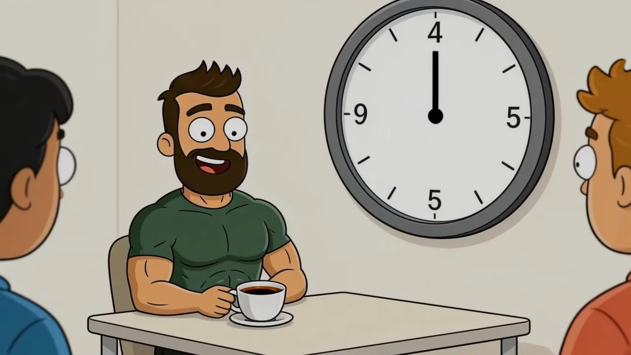 Mann sitzt mit Tasse am Tisch vor großer Uhr als Symbol für Essenspause