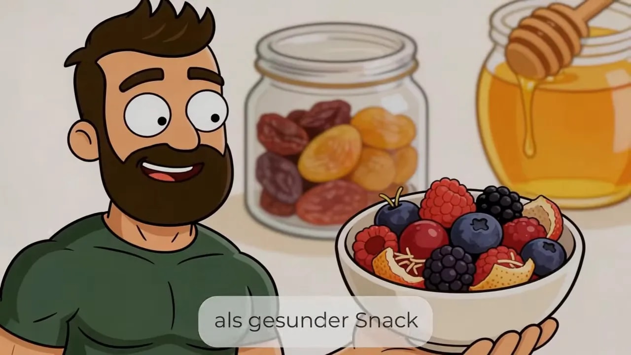 Schüssel mit frischen Beeren und Obst vor Glas mit Trockenfrüchten und Honig