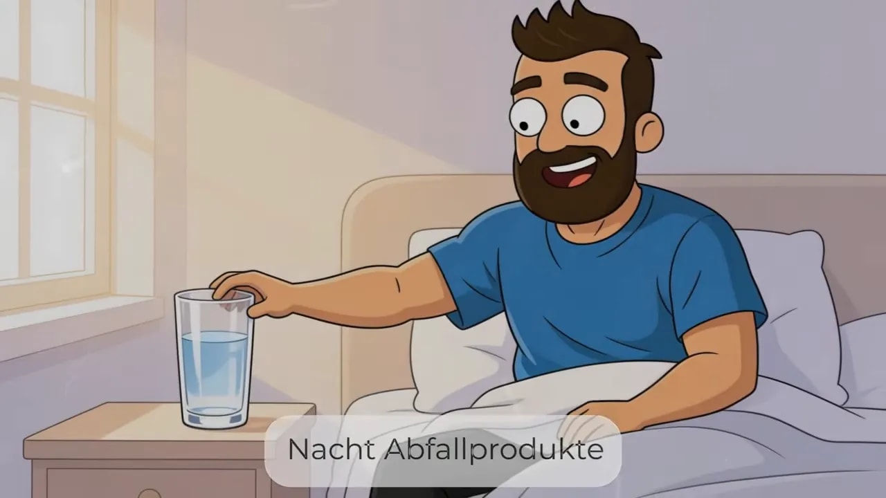 Person sitzt im Bett und greift nach einem großen Glas Wasser auf dem Nachttisch