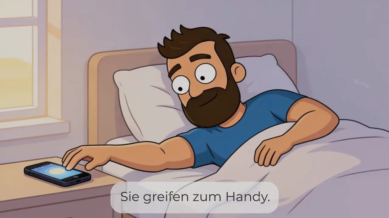 Person liegt im Bett und greift direkt nach dem Aufwachen zu einem leuchtenden Smartphone auf dem Nachttisch