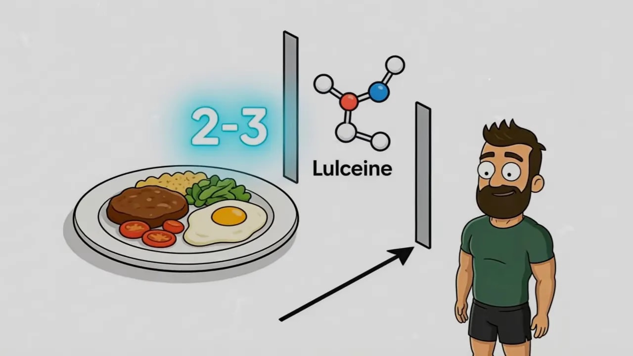 Teller mit Essen, daneben Zahl 2 bis 3 und Molekülbeschriftung Lucleine