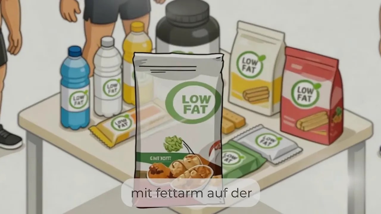 große Verpackung mit Aufschrift low fat vor mehreren verarbeiteten Produkten auf einem Tisch