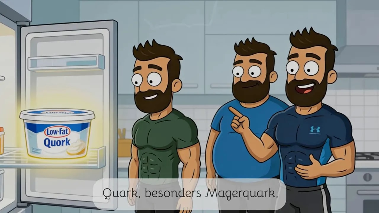 Geöffneter Kühlschrank mit großem Becher Magerquark