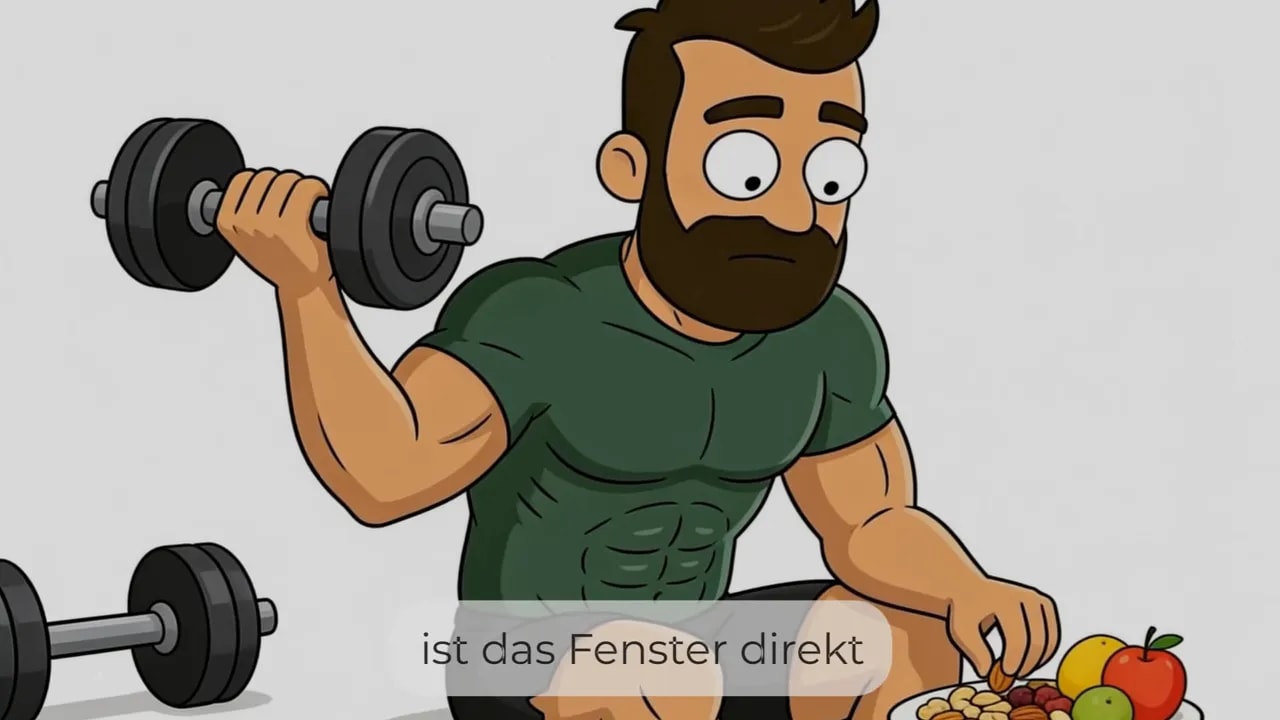 Sportliche Figur mit Hantel und Teller mit Obst und Essen nach dem Training