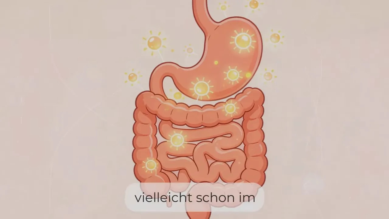 Illustration von Magen und Darm mit leuchtenden Punkten